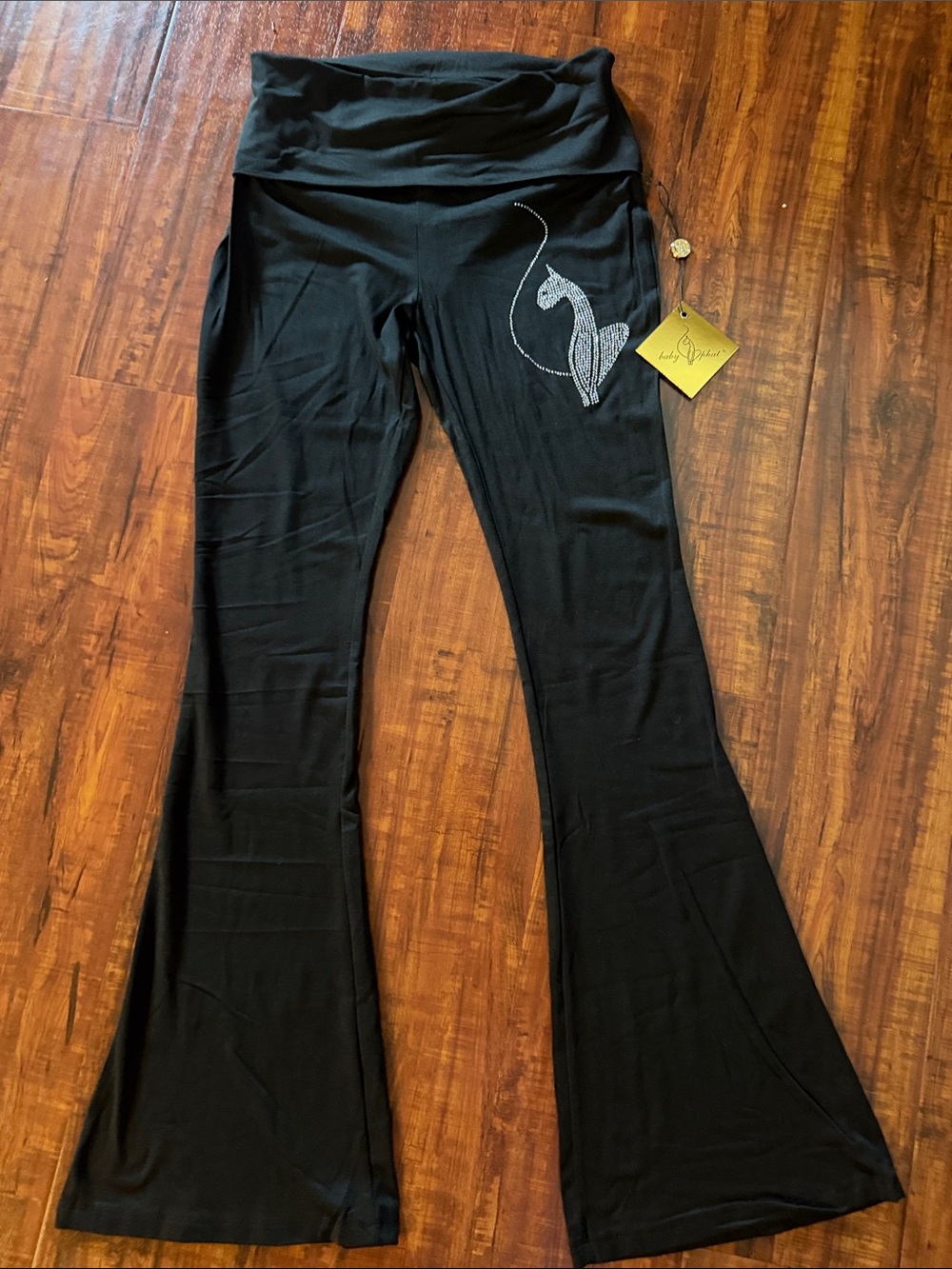 Baby Phat Black Foldover Waist Leggings with Silver Cat Accent